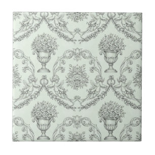 Azulejo Toile de Jouy Verde Menta con Querubín y Urna Flor