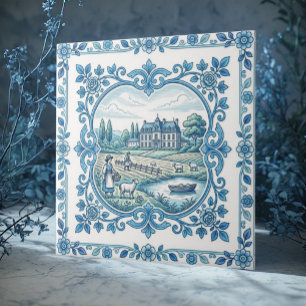 Azulejo Toile De Jouy Vintage Floral Azul Antiguo