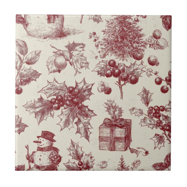 Azulejo Toile de Navidad Botánico Rojo Antiguo - Acebo (Frente)