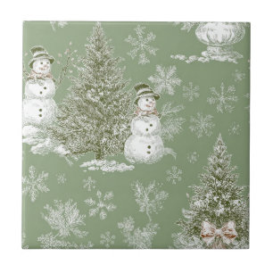 Azulejo Toile de Navidad de Muñeco de Nieve Verde Salvia V
