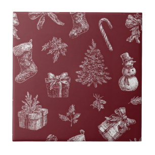 Azulejo Toile de Navidad Vintage Carmesí Rojo Blanco Fiest