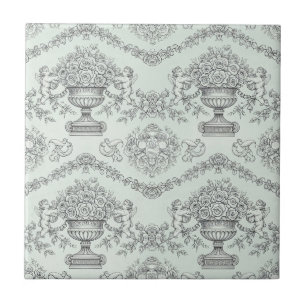 Azulejo Toile de Verde Menta con Querubín Barroco y Urna F