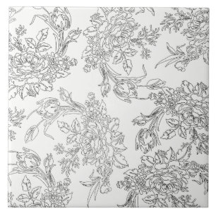 Azulejo Toile floral blanco y negro clásico