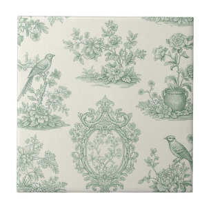 Azulejo Toile Floral y Patrón de Pájaros Verde Menta