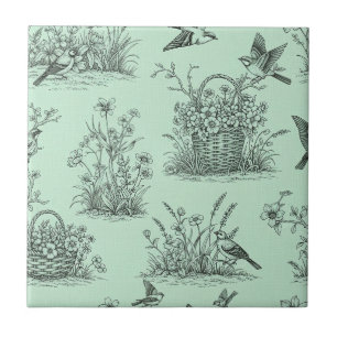 Azulejo Toile pastoral verde menta con pájaros y flores