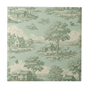 Azulejo Toile pastoral verde salvia Escena de granja en el