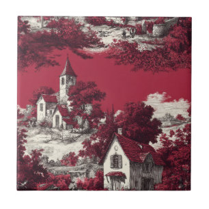 Azulejo Toile Rojo Clásico con Escenas Pastorales Francesa