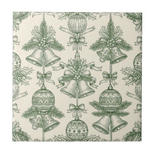 Azulejo Toile Verde de Navidad Campanas y Adornos Patrón
