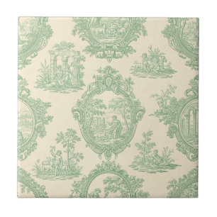 Azulejo Toile Verde Menta Vintage Parejas y Escena de Jard