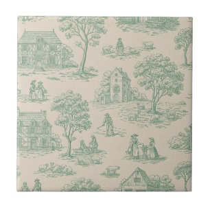 Azulejo Toile Verde Pastoral Escena Agrícola Campestre 7