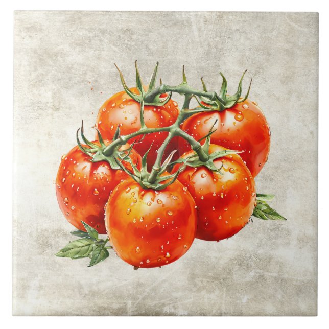 Azulejo Tomates Rojos Rústicos al Acuarela Falsa Textura (Frente)