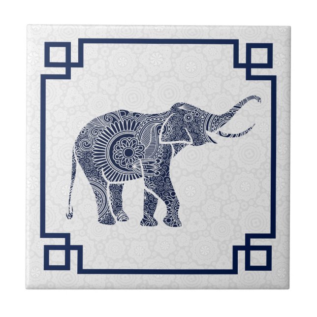 Azulejo Tonos Azules Cuidados Elefante Floral Retro 2 Con  (Frente)