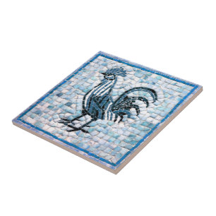 Azulejo Tonos de azul con diseño de gallo de mosaico negro