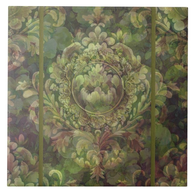Azulejo Tonos mixtos de damasco floral verde (Frente)