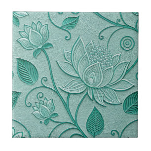 Azulejo Tonos verdes pastel Flor de loto con aspecto repuj