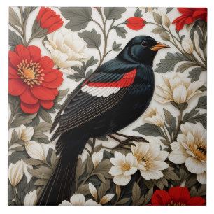 Azulejo Tordo Alirrojo Elegante Floral Rojo y Crema