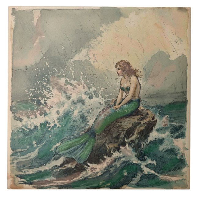Azulejo Tormenta marina vintage con sirena  (Frente)