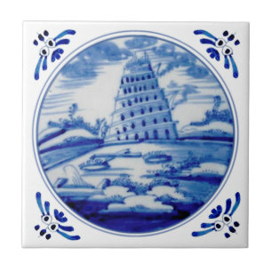 Azulejo Torre de Babel Blue Delft Repro del siglo XIX