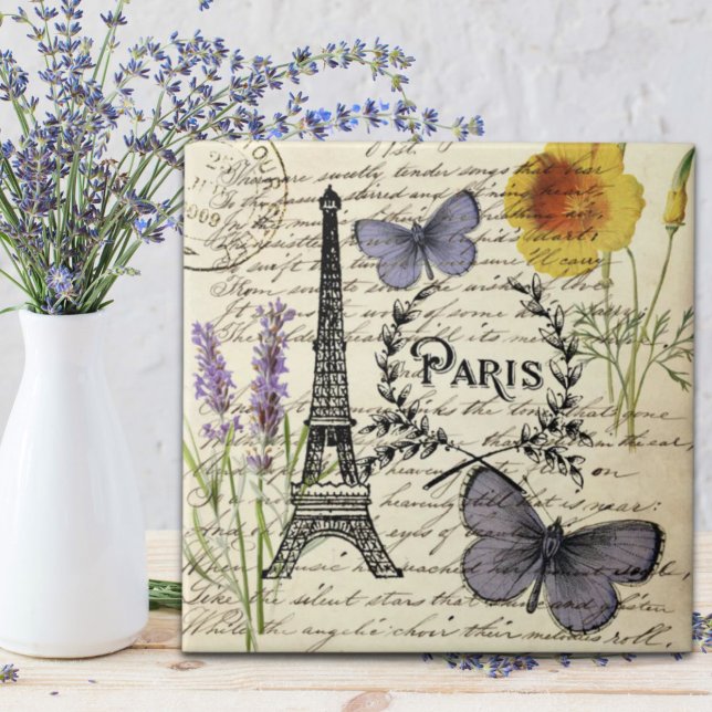 Azulejo torre de eiffel de parís de mariposa frenético vin (vintage rustic french butterfly paris eiffel tower ceramic tile)