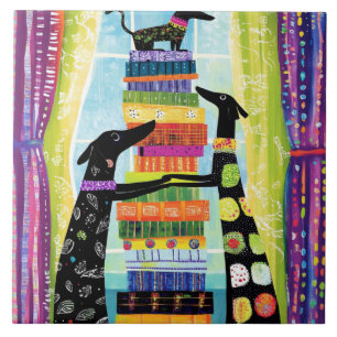Azulejo Torre de libros en equilibrio de perros negros