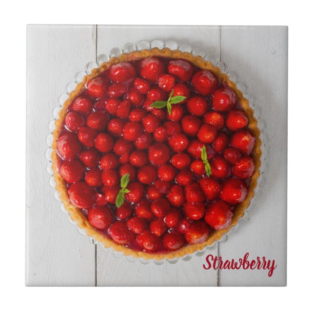 Azulejo Torta de fresa con menta en madera blanca (Frente)