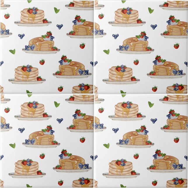 Azulejo Tortitas de acuarela Bayas Desayuno Brunch  (Watercolor Pancakes Berries Breakfast Brunch Ceramic Tile)