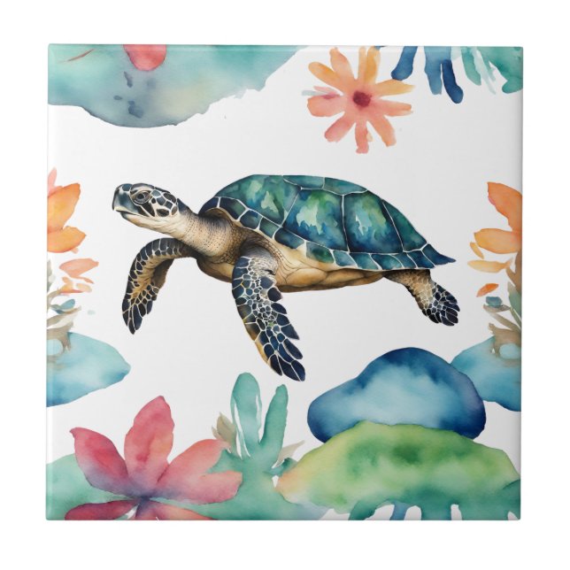 Azulejo Tortuga de mar de natación Resumen Acuarela (Frente)