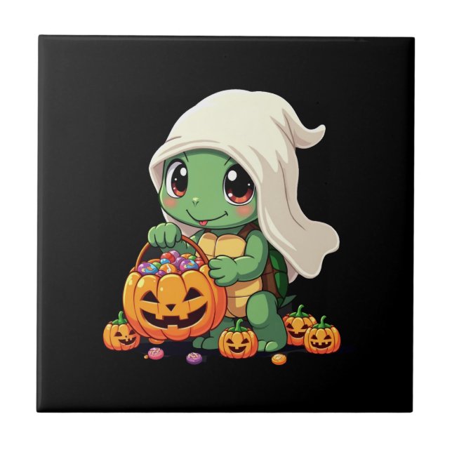 Azulejo Tortuga fantasma de Halloween linda con dulces (3) (Frente)