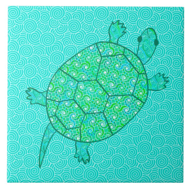 Azulejo Tortuga giratoria árabe - tonos verde marino (Frente)