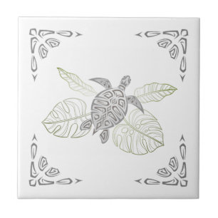 Azulejo Tortuga Gris Y Adorno Tropical