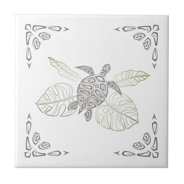 Azulejo Tortuga Gris Y Adorno Tropical (Frente)