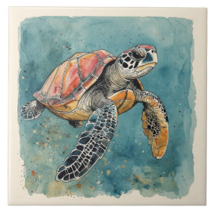 Azulejo Tortuga Marina Acuarela