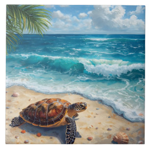 Azulejo Tortuga marina acuarela en playa tropical arenosa