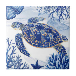 Azulejo Tortuga marina acuarela Océano Azul