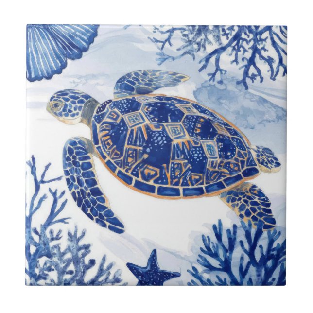 Azulejo Tortuga marina acuarela Océano Azul (Frente)