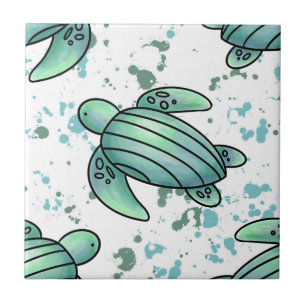 Azulejo tortuga marina acuarela verde azul patrón animal