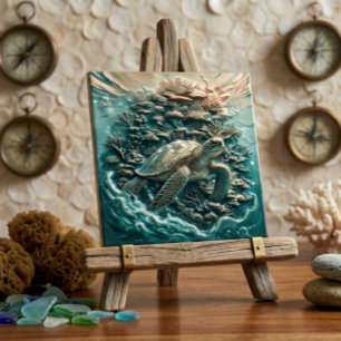Azulejo Tortuga Marina Arrecife de Coral 3D Cerámica Metal