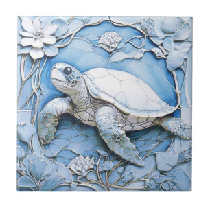 Azulejo Tortuga marina Art Nouveau Faux Relief Blue Ocean 