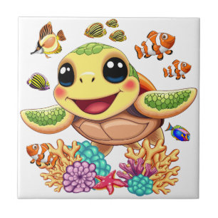 Azulejo Tortuga Marina Bebé Feliz y Lindo Personaje