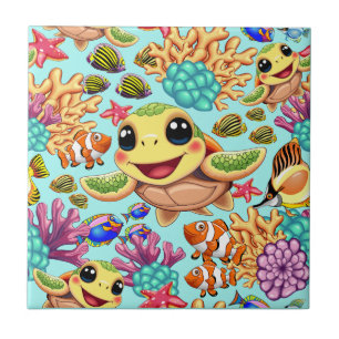 Azulejo Tortuga Marina Bebé Feliz y Lindo Personaje
