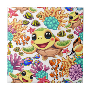 Azulejo Tortuga Marina Bebé Feliz y Lindo Personaje