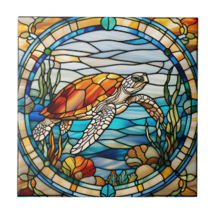 Azulejo Tortuga Marina de Vidrio Falso Teñido