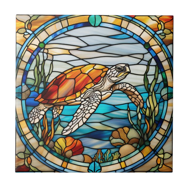 Azulejo Tortuga Marina de Vidrio Falso Teñido (Frente)