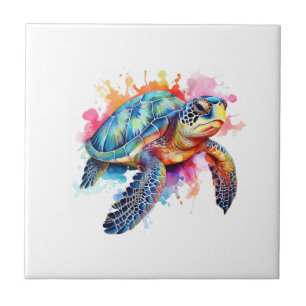 Azulejo Tortuga marina en acuarela colorida