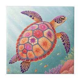 Azulejo Tortuga Marina Floral Colorida Bajo el Océano