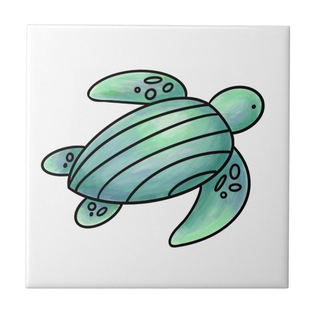 Azulejo tortuga marina pintada con acuarela azul verde de  (Frente)