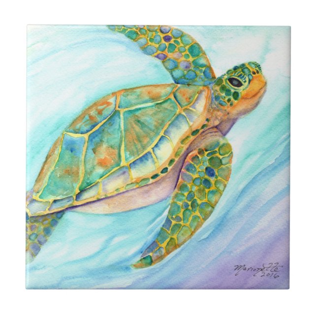 Azulejo Tortuga marina sonriente nadando (Frente)