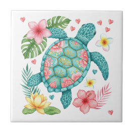 Azulejo Tortuga marina y flores tropicales