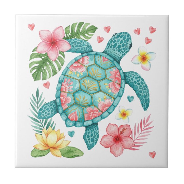 Azulejo Tortuga marina y flores tropicales (Frente)