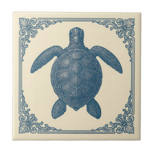 Azulejo tortuga náutica azul vintage